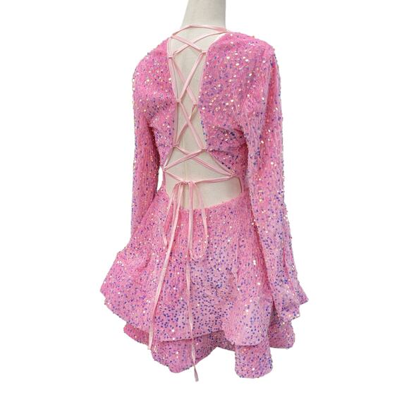 NWT Bubblegum Pink Sequin Short Dress Long Sleeves Open Corset Back - Picture 5 of 10